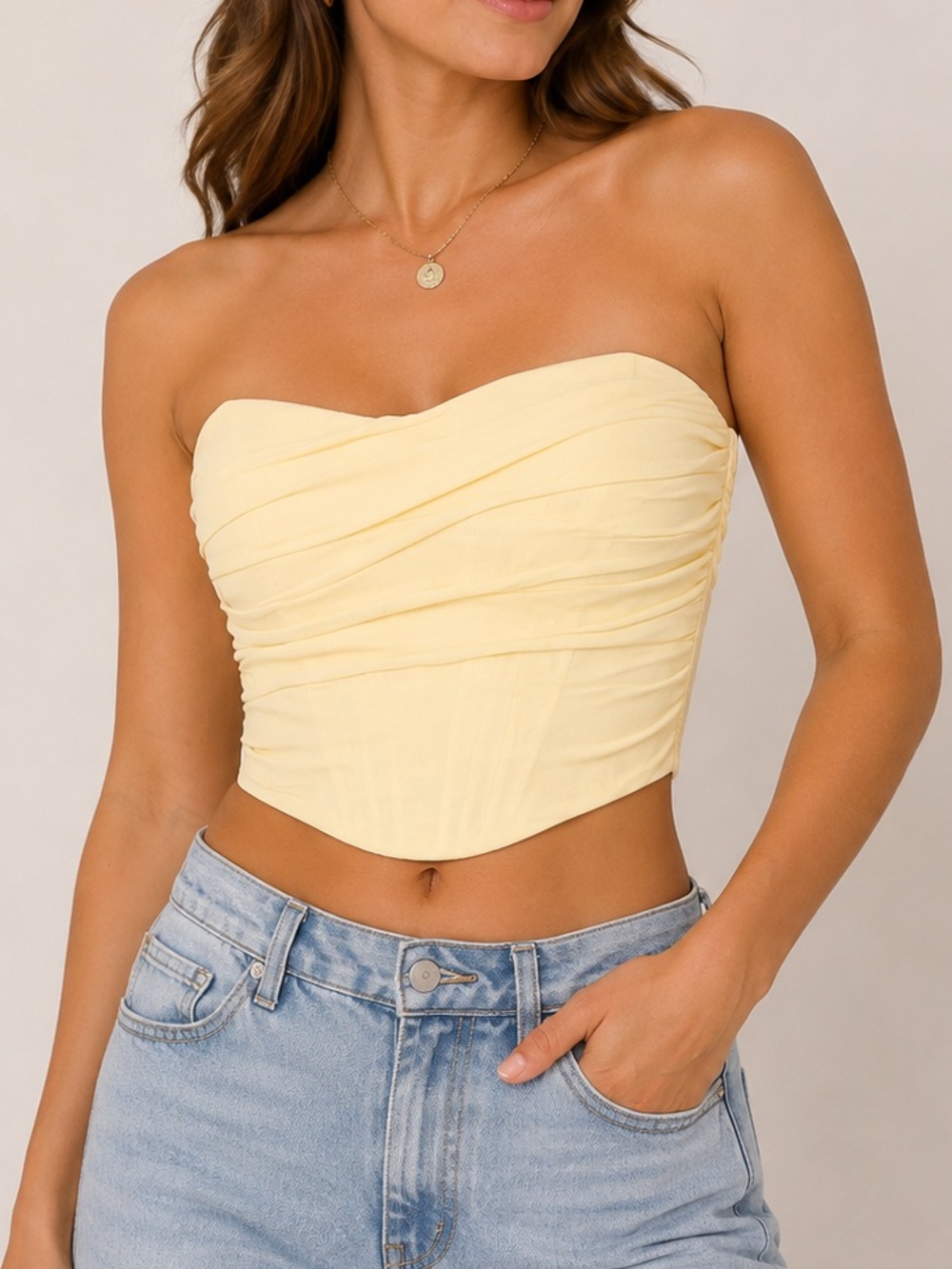 Amazon Strapless Ruched Corset Crop Top - Soft Yellow